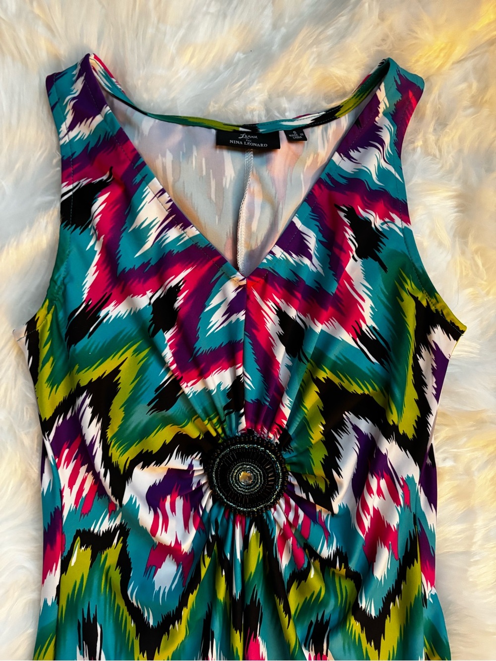 Lennie NINA LEONARD Sleeveless V-Neck Multicolor Printed Dress